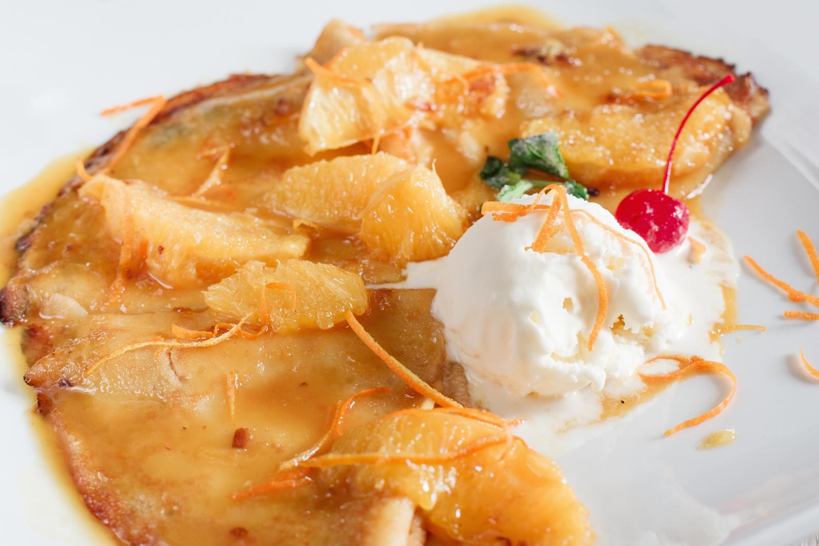 Sweet crepe with ice cream closeup